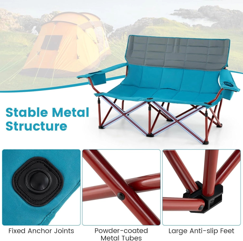 Sedia da campeggio pieghevole a 3 posti, con braccioli regolabili, portabicchieri e borsa per il trasporto, sedia da campeggio per esterni, giardino e balcone, portata fino a 408 kg (blu +