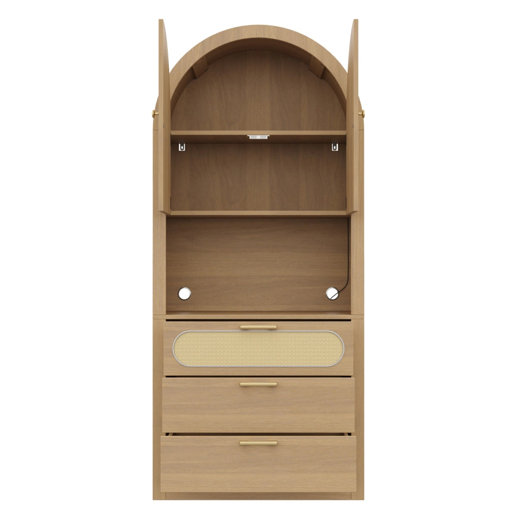 Credenza 80x35x180 cm con LED regolabile e ante in rattan; MDF e truciolare; bianco e naturale