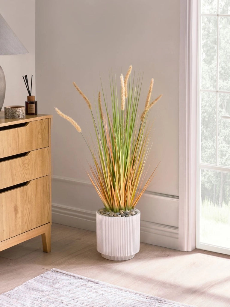 Pianta artificiale in vaso Fiore di canna verde arancione e vaso di plastica nero 90 cm Accessorio decorativo per la casa