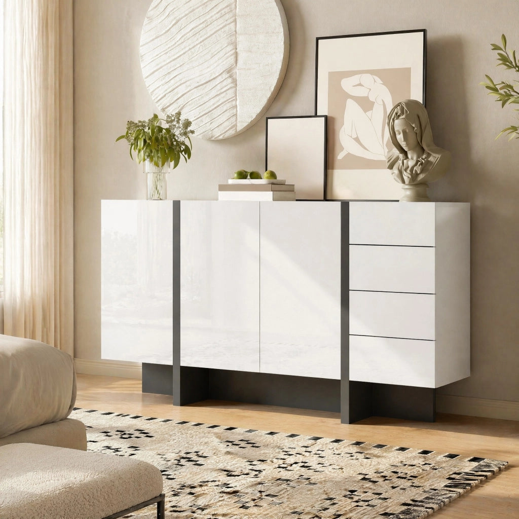 Credenza moderna lucida bianca e nera con 2 ante e 4 cassetti, ampio spazio contenitore, 150 × 40 × 80,5 cm