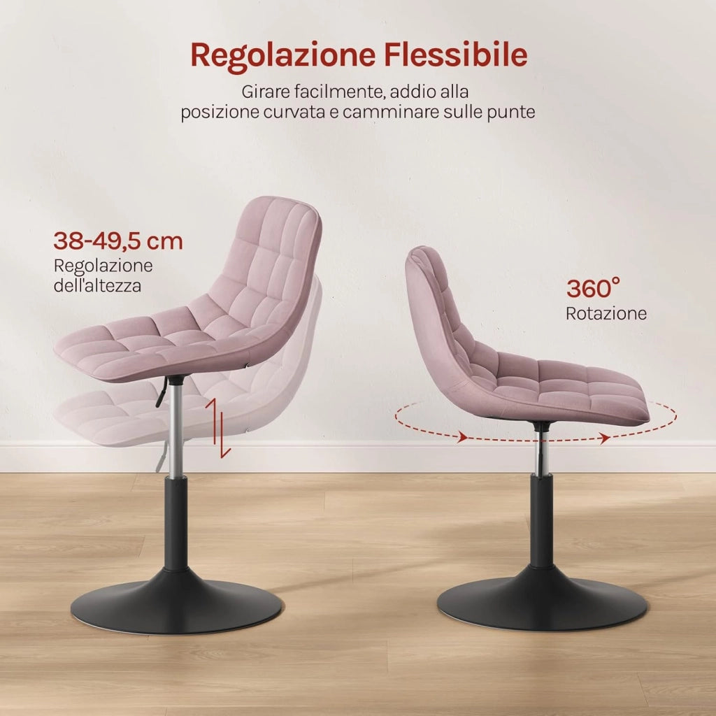 Sgabello da trucco Sedia Alta da Cucina sgabello cucina con Schienale Altezza Regolabile Girevole 360° in Velluto Rosa, 38-49.5cm, BH300rs-1