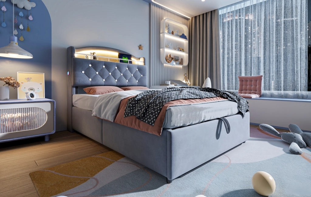 Letto singolo imbottito per bambini 90x200 cm con spazio contenitivo, LED e porte USB, colore grigio
