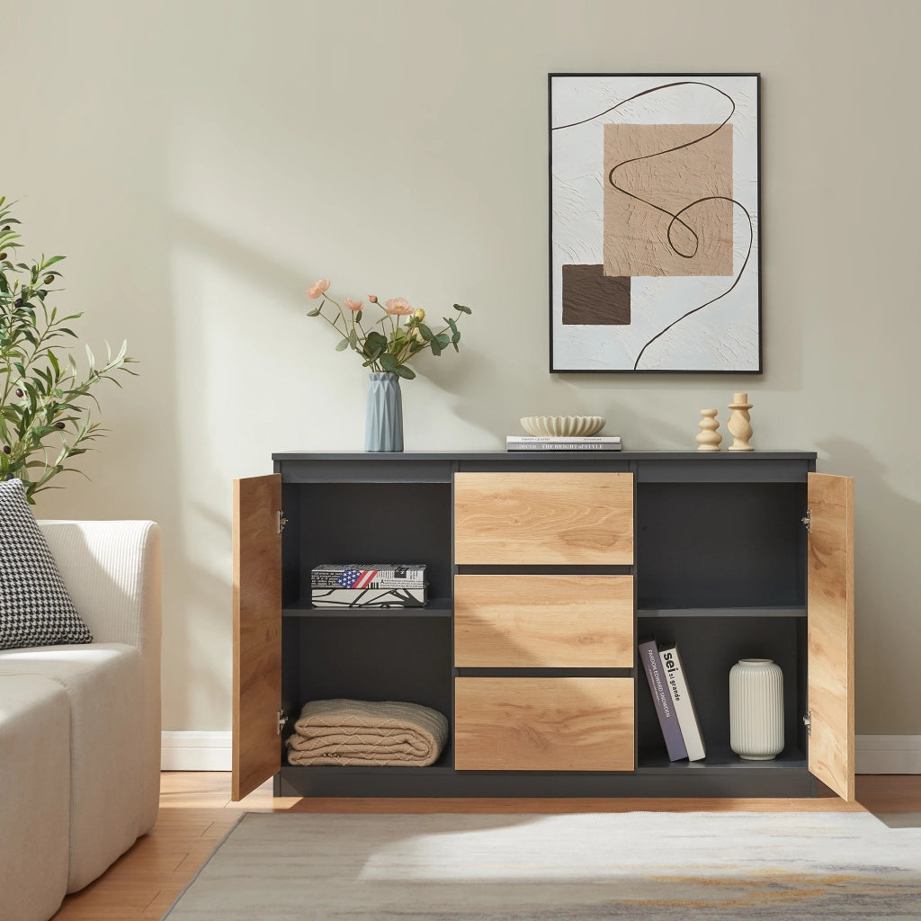 Credenza Mobile Contenitore Kyr Comò con 2 Ante e 3 Cassetti 120 x 35 x 75 cm - Nero/Effetto Rovere Rustico [en.casa]