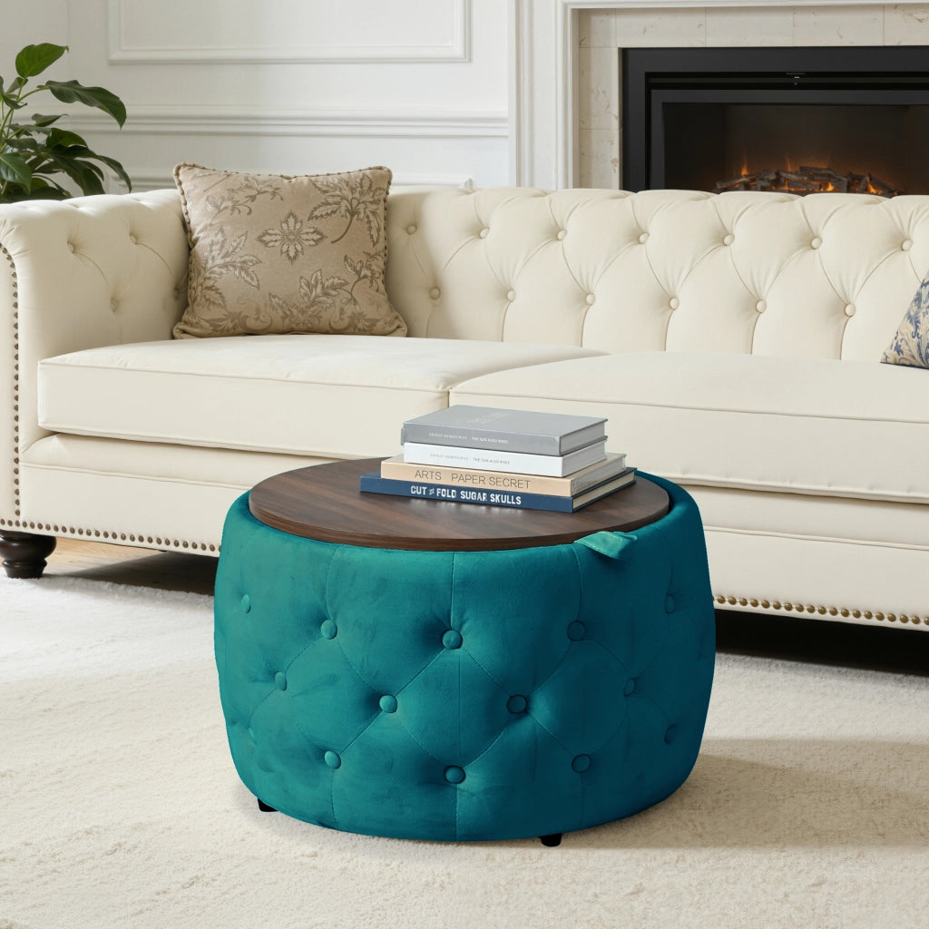 Pouf contenitore in velluto con vano portaoggetti e vassoio in legno blu 58 × 58 × 38 cm