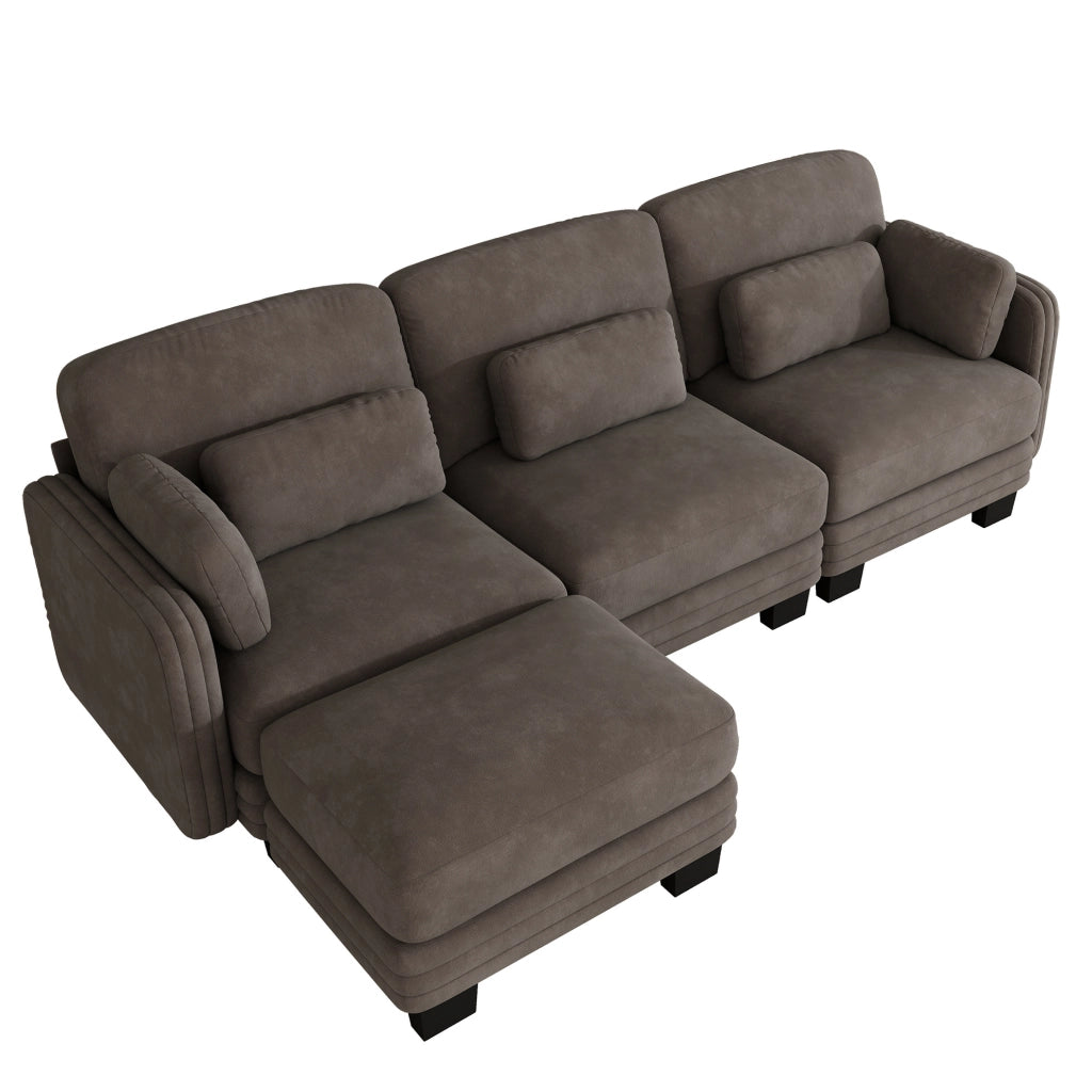 Divano modulare in ciniglia marrone con pouf separato e cuscini mobili
