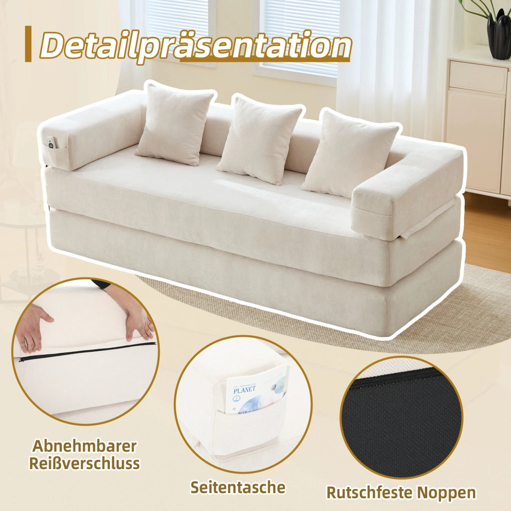 DIVANO MODULARE in Chenille Beige 198x79x60 cm con tasche laterali