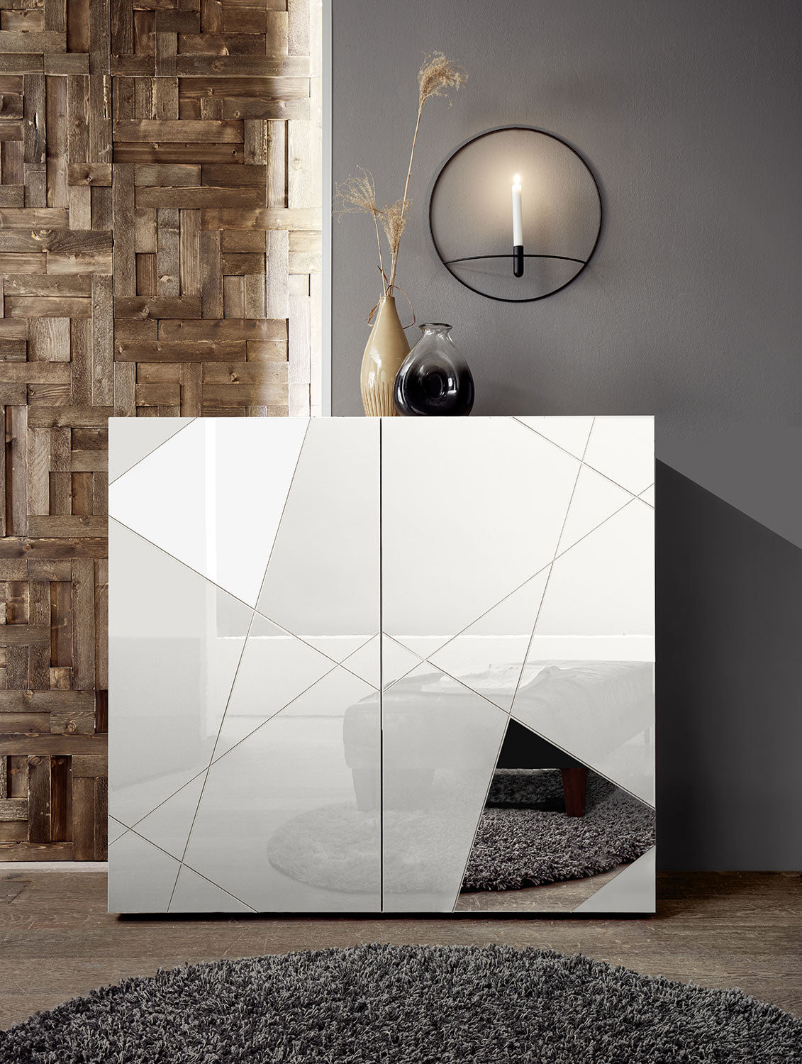 Madia Design Moderno 2 Ante con Serigrafie e Specchi Vittoria 121x42x111 cm Bianco Lucido