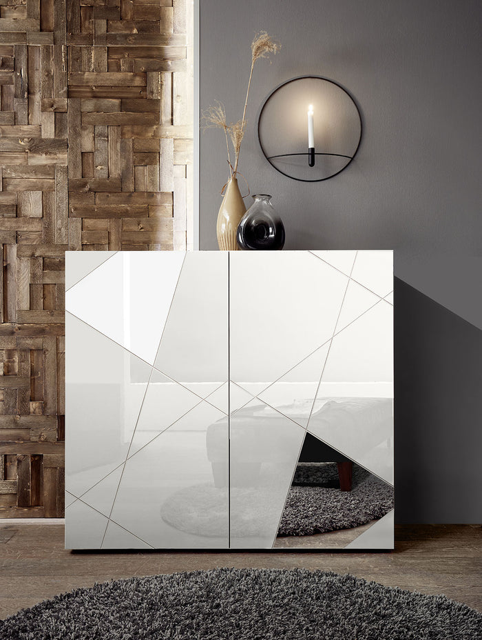 Madia Design Moderno 2 Ante con Serigrafie e Specchi Vittoria 121x42x111 cm Bianco Lucido
