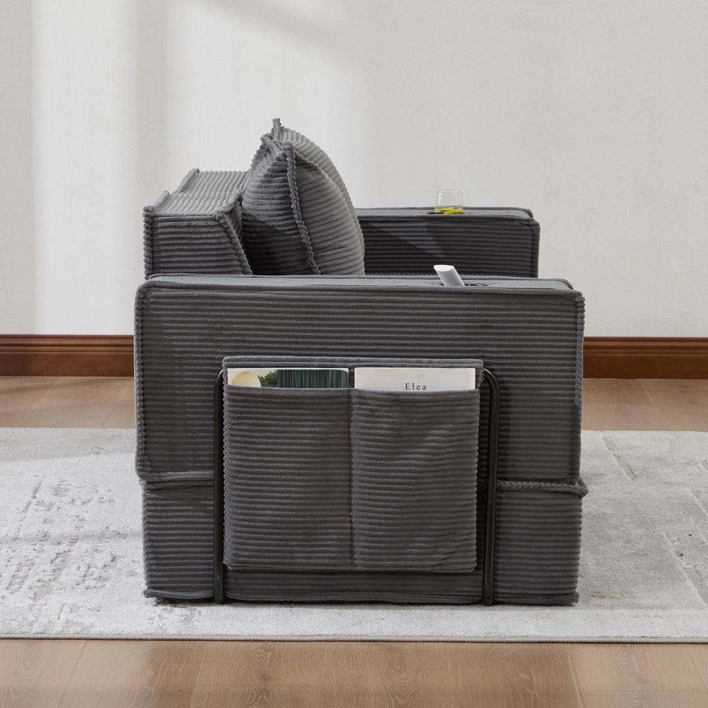 Divano 2 posti ULEVR 162x78x66 cm in velluto a coste grigio scuro con 2 cuscini e tasche laterali