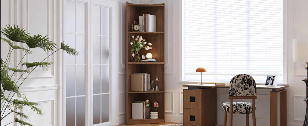 Libreria angolare salvaspazio con ripiani e dispositivo antiribaltamento per soggiorno in MDF noce 55 × 32 × 180 cm
