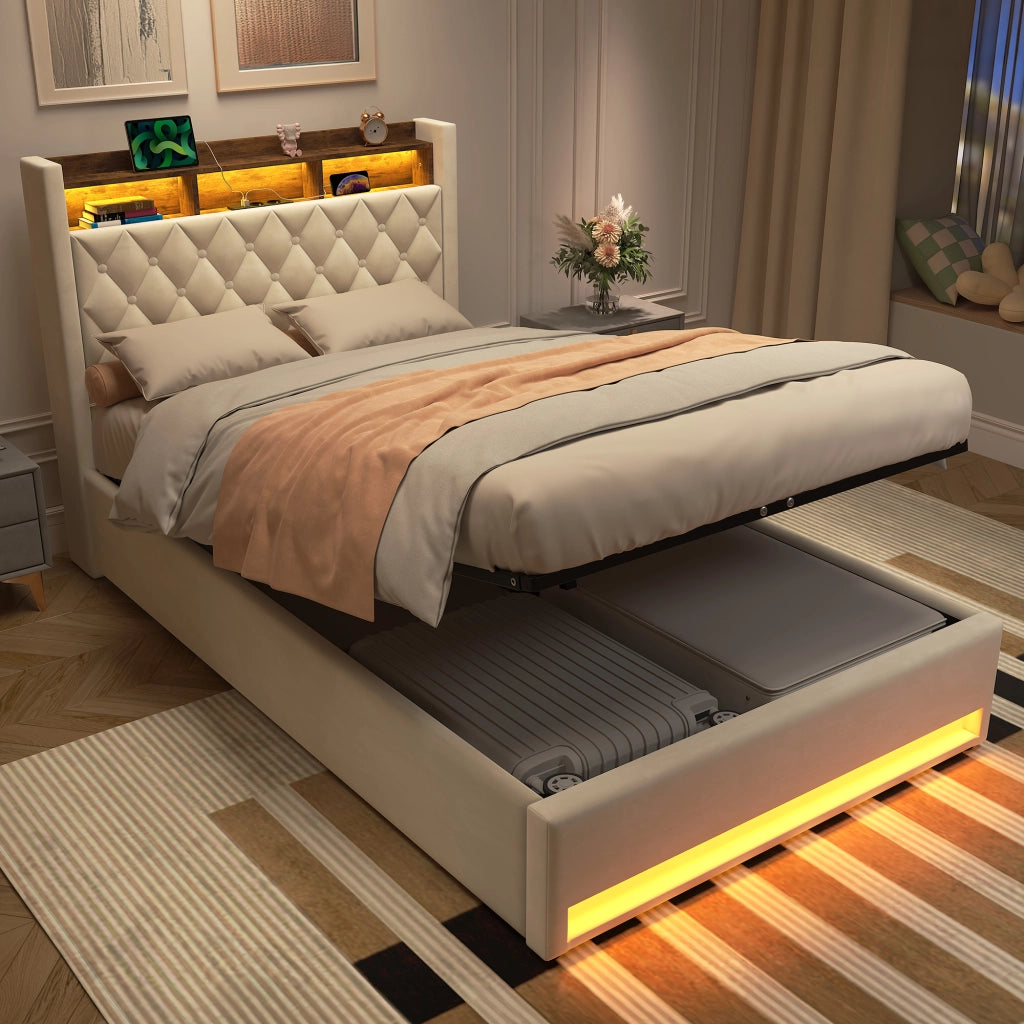 Letto matrimoniale imbottito 140x190 cm beige in velluto con contenitore, LED e porta USB
