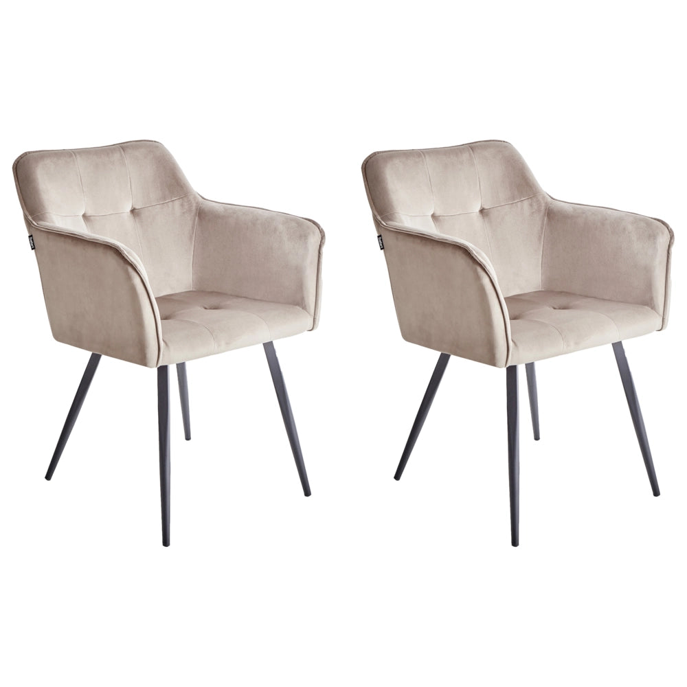 Set di 2 sedie da pranzo con sedile imbottito in velluto beige tortora con braccioli e gambe in metallo Nero