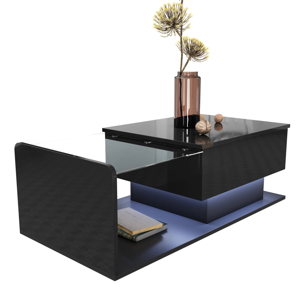 Tavolino da caffè sollevabile 100 x 50 x 33/47,5 cm nero lucido, LED, vetro e pannelli