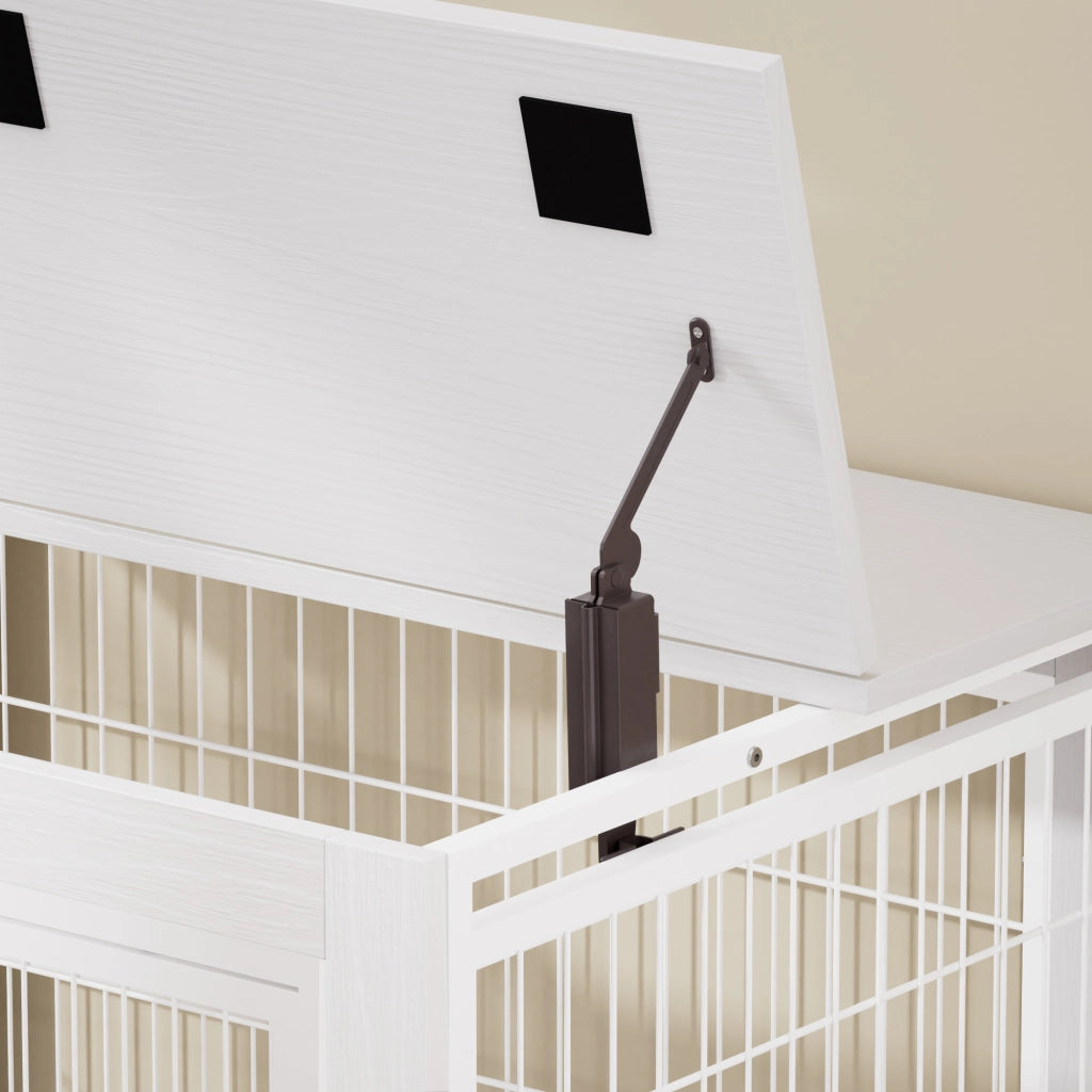 Cassa per cani in stile mobile con doppia porta, apertura superiore ribaltabile, ruote, pannelli in truciolare e acciaio bianco 80 × 56 × 69.5 cm