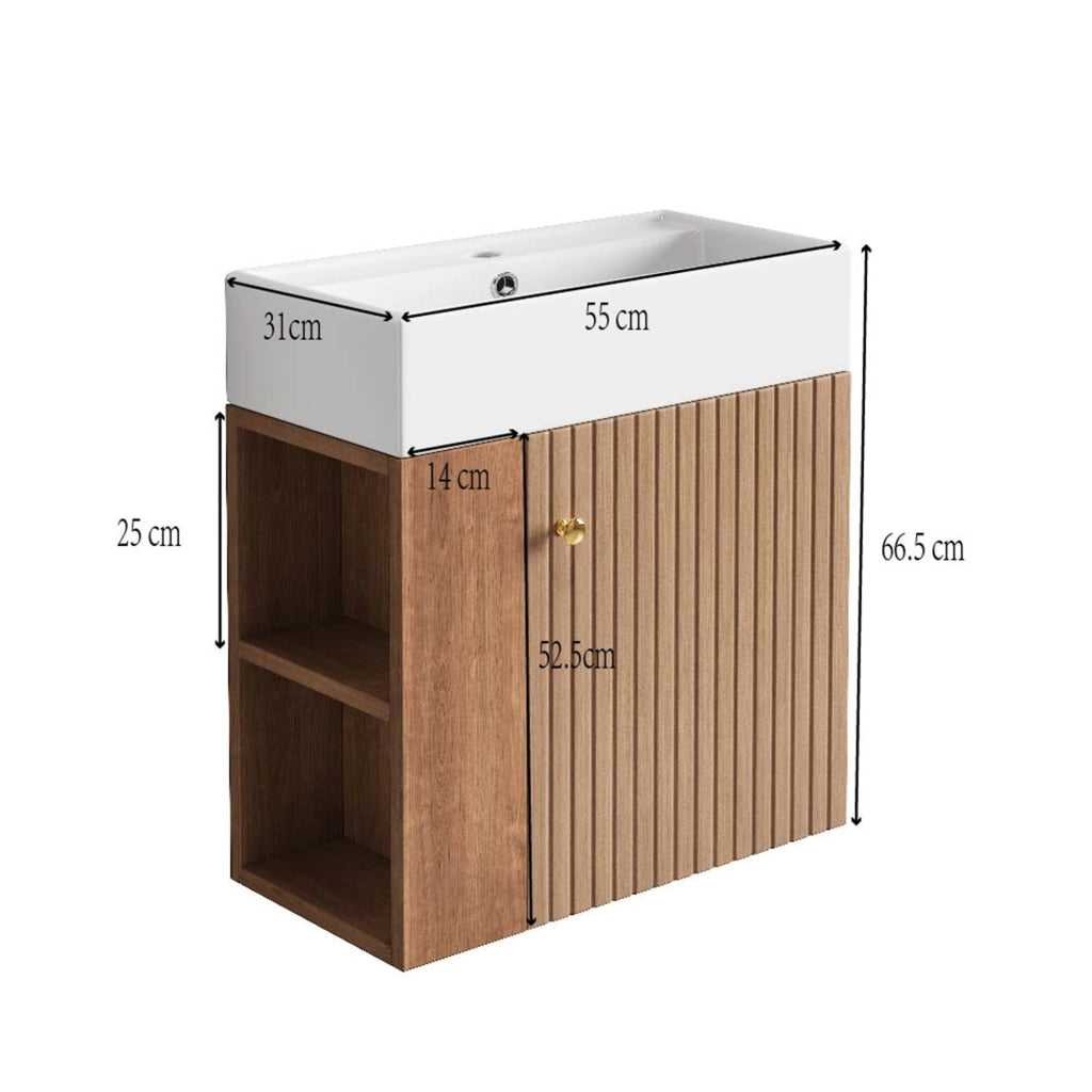 Armadietto da bagno con lavabo, ripiani laterali e chiusura ammortizzata, per bagno piccolo, marrone 69 × 52 × 32 cm