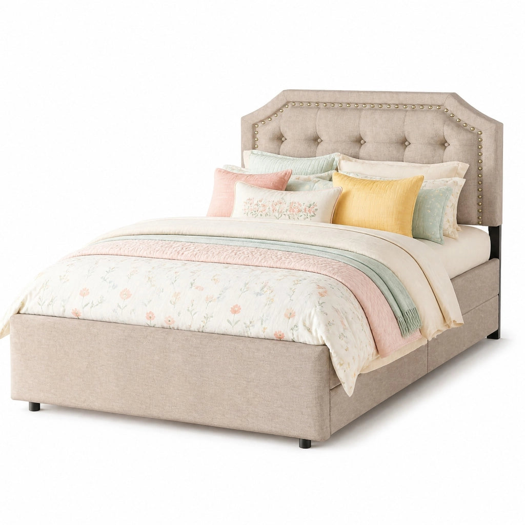 Letto imbottito 90x200 cm con 2 cassetti; testiera regolabile; in MDF e tessuto lino beige scuro