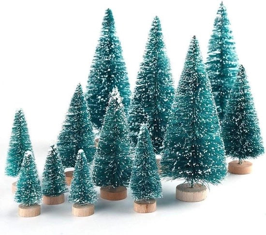 34 pezzi Miniature alberi di pino con base in legno per decorazione di Natale, crafting e esposizione.