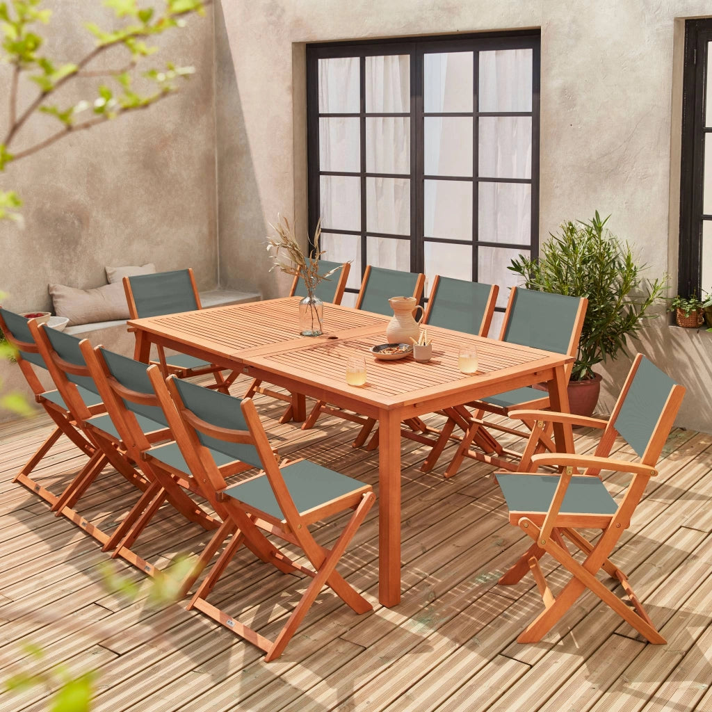 Set tavolo da giardino estensibile in legno con 10 sedie, marrone