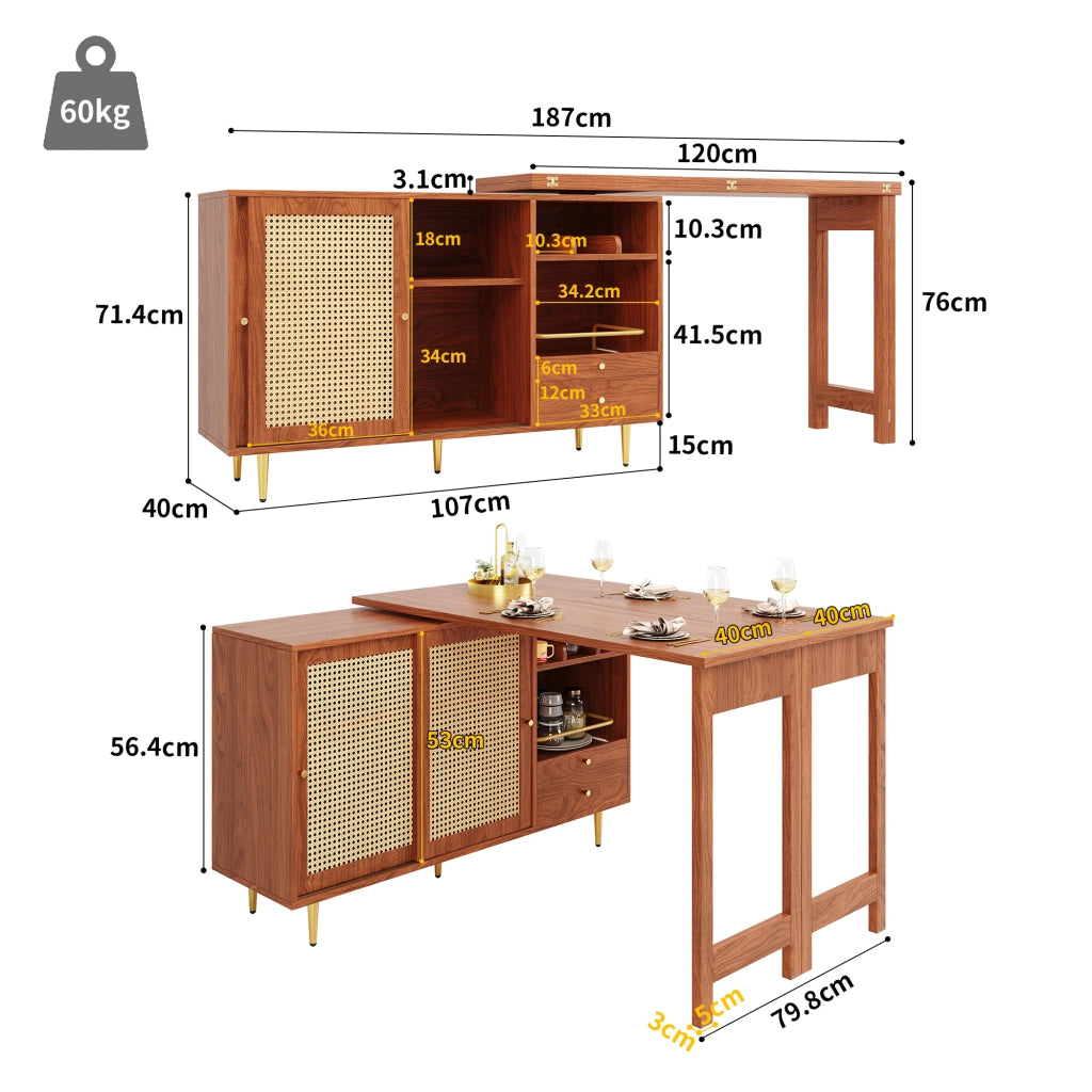 OKWISH Carrello da Cucina Girevole con Contenitore, Anta in Rattan, Cassetto e Ripiani Aperti, Estensibile, MDF, Marrone