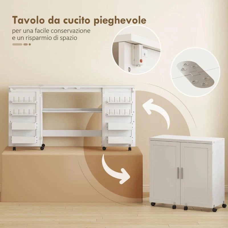 TAVOLO DA CUCITO PIEGHEVOLE PER MACCHINA DA CUCIRE CON RIPIANI, 20 PIOLI, RUOTE CON BLOCCO, BIANCO