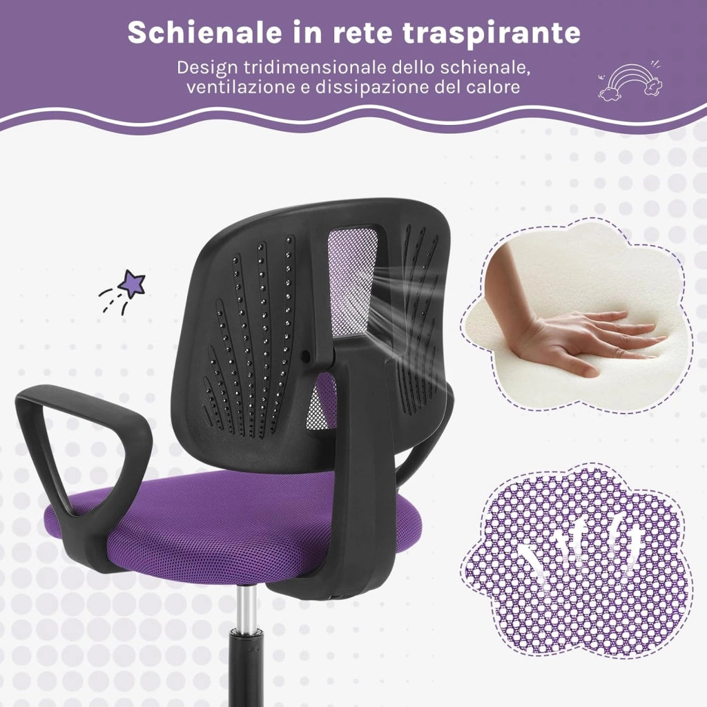 Sedia da Scrivania per Bambini, Sedia da Studio Girevole, Ergonomica con Ruote, Tessuto a Rete Traspirante, Sgabello Girevole con Schienale Regolabile Automaticamente, Viola