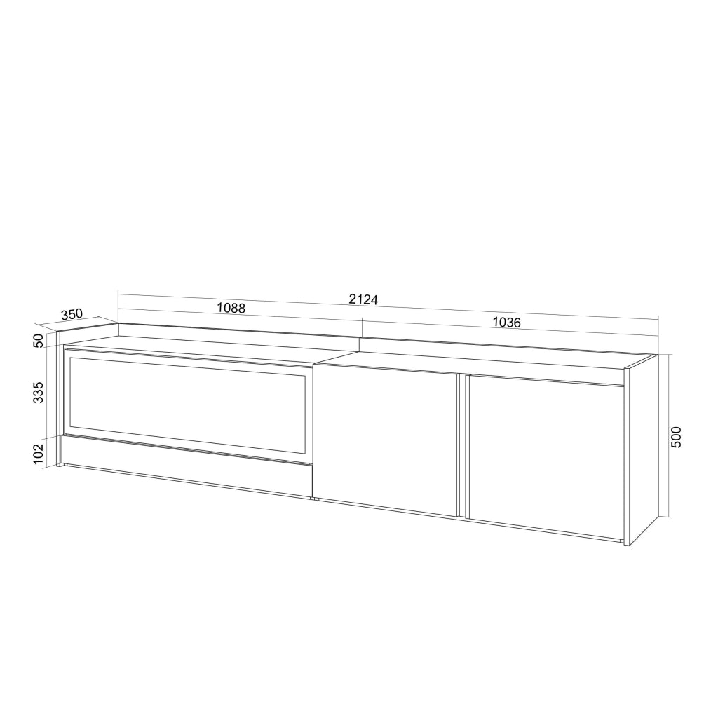 Mobile TV Soggiorno, 212x50x35 cm, Per TV fino a 80", Camino elettrico XXL, Sospeso, da appendere, LED, Bianco e Rovere soft