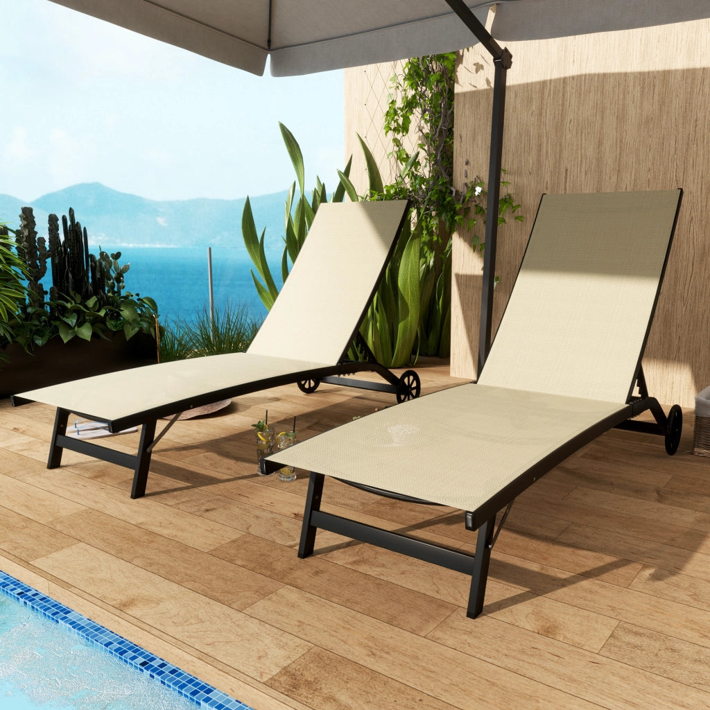 Lettino da Sole in Alluminio con Cuscini Textilene ¨C zephmum ¨C 2 Pezzi, Colore Cachi