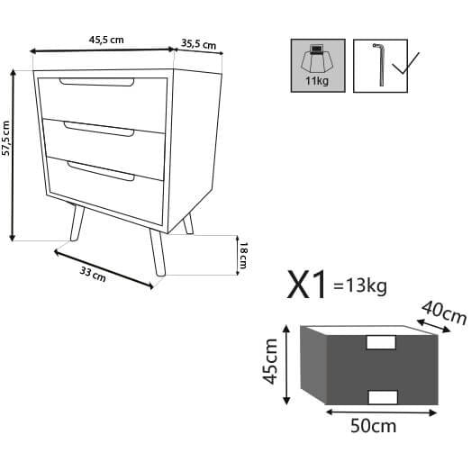 Mobiletto 3 cassetti in Legno cm 45 5x35 5x40 - TYRRELL