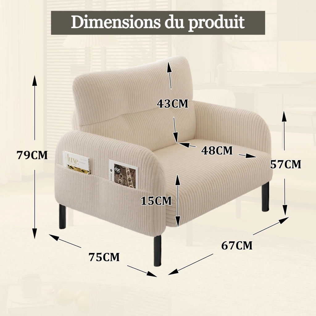 Poltrona Singola con Seduta Profonda con Tasche Laterali Comfort Ergonomico Struttura Metallo in Velluto a Coste Beige