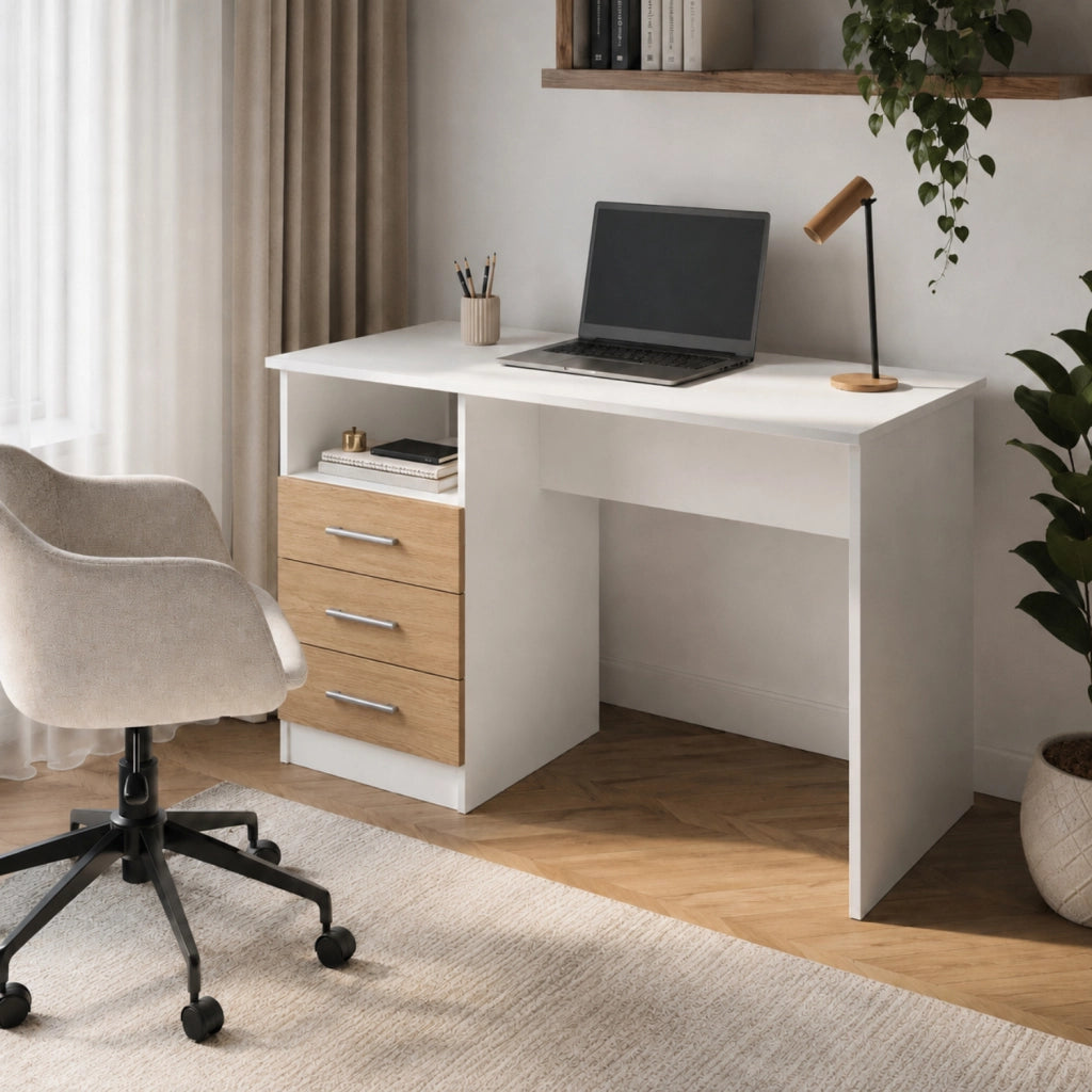 Scrivania Desk Per Studio Con Cassetti Laterali Postazione PC Salvaspazio Ufficio Soggiorno E Cameretta 120 X 72 X 48 Cm Bianco E Rovere