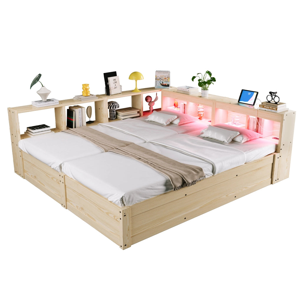 Letto multifunzione 90/180x200 cm in legno naturale con LED; prese integrate e contenitore