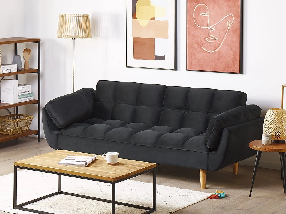 Divano Letto Tessuto Velluto Nero 3 Posti Gambe In Legno Imbottitura In Schiuma Imbottitura Biscuit Schienale Diviso