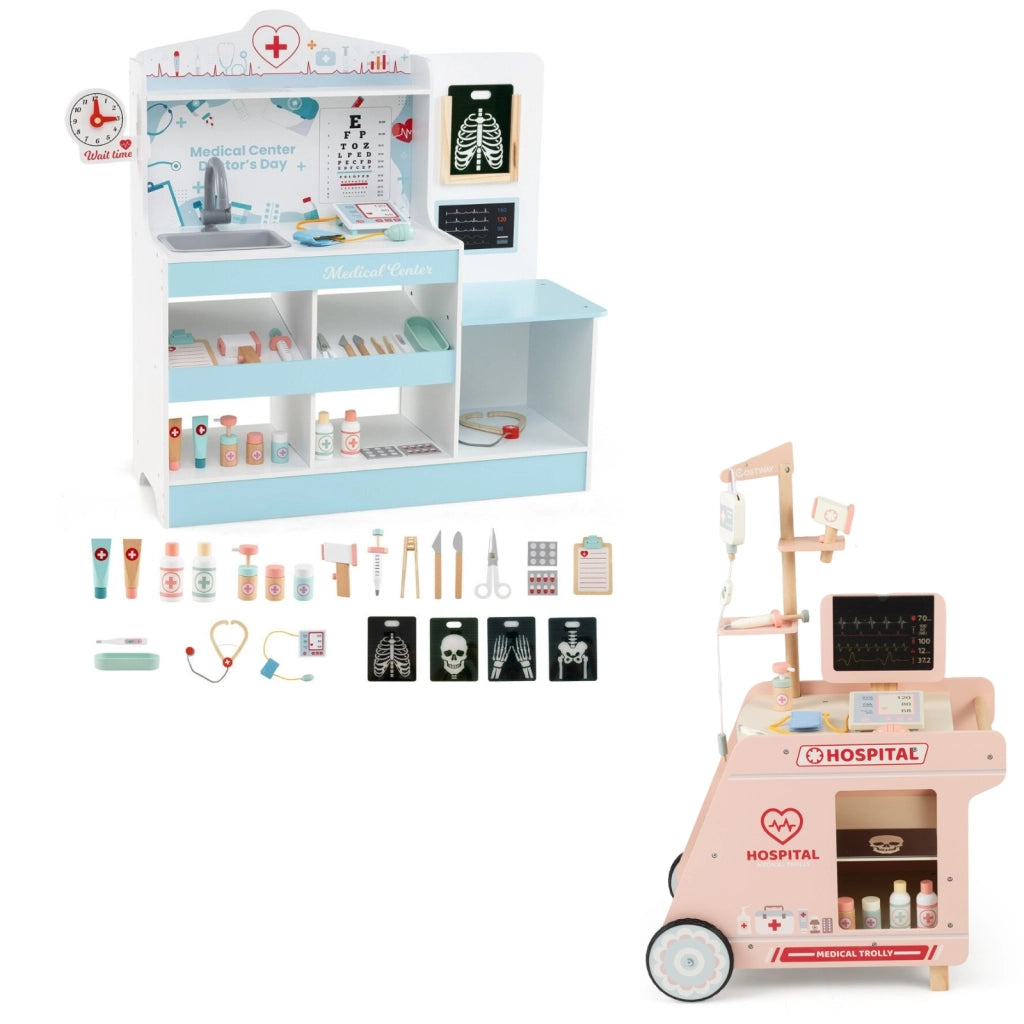 Ospedale finto centro medico per bambini e set da gioco medico in legno per bambini, Set da gioco dottore in legno e stazione medica mobile Blu
