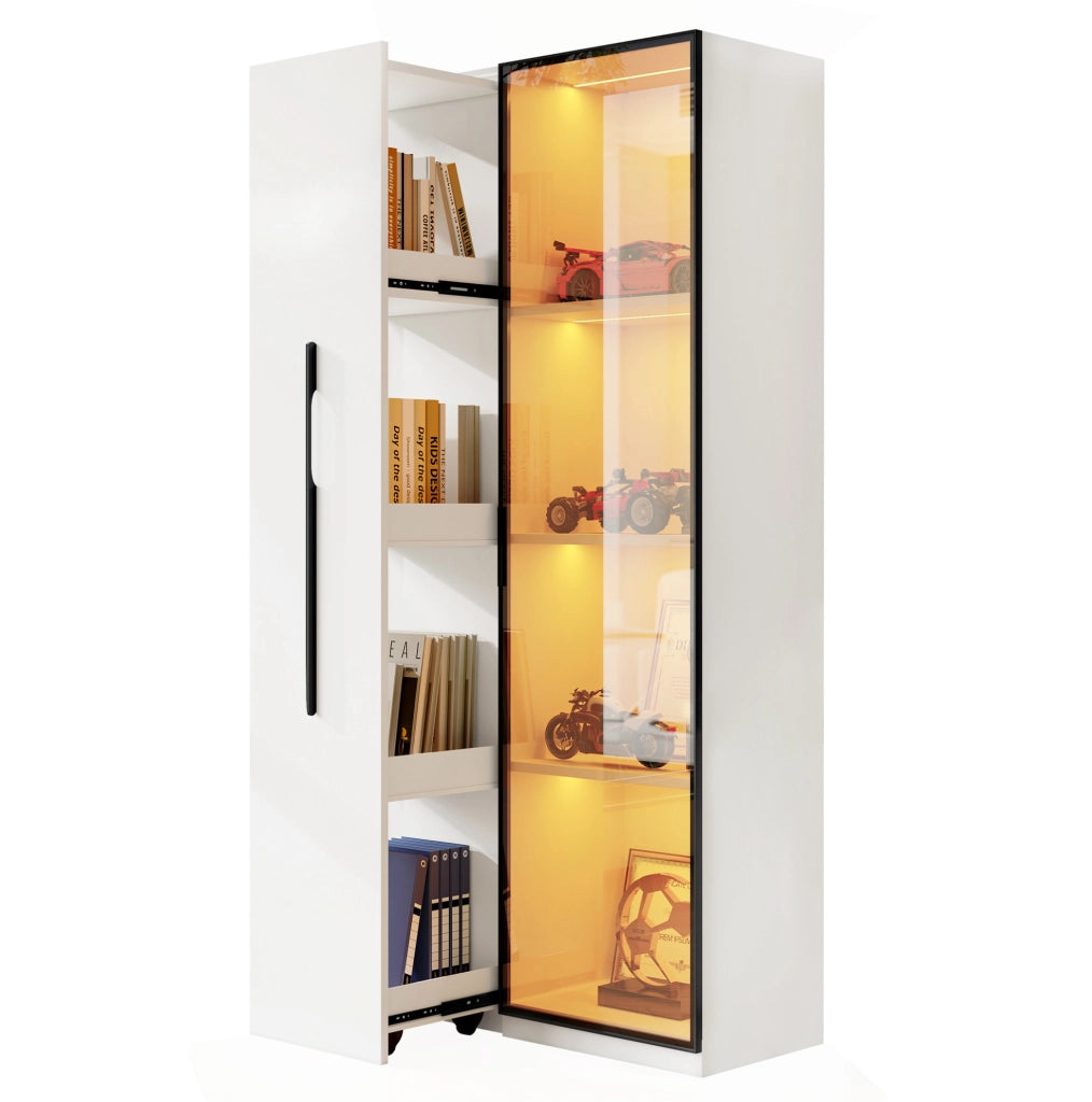 Mobile multifunzione 70x40x160 cm in MDF bianco con vetrina in vetro colorato e LED