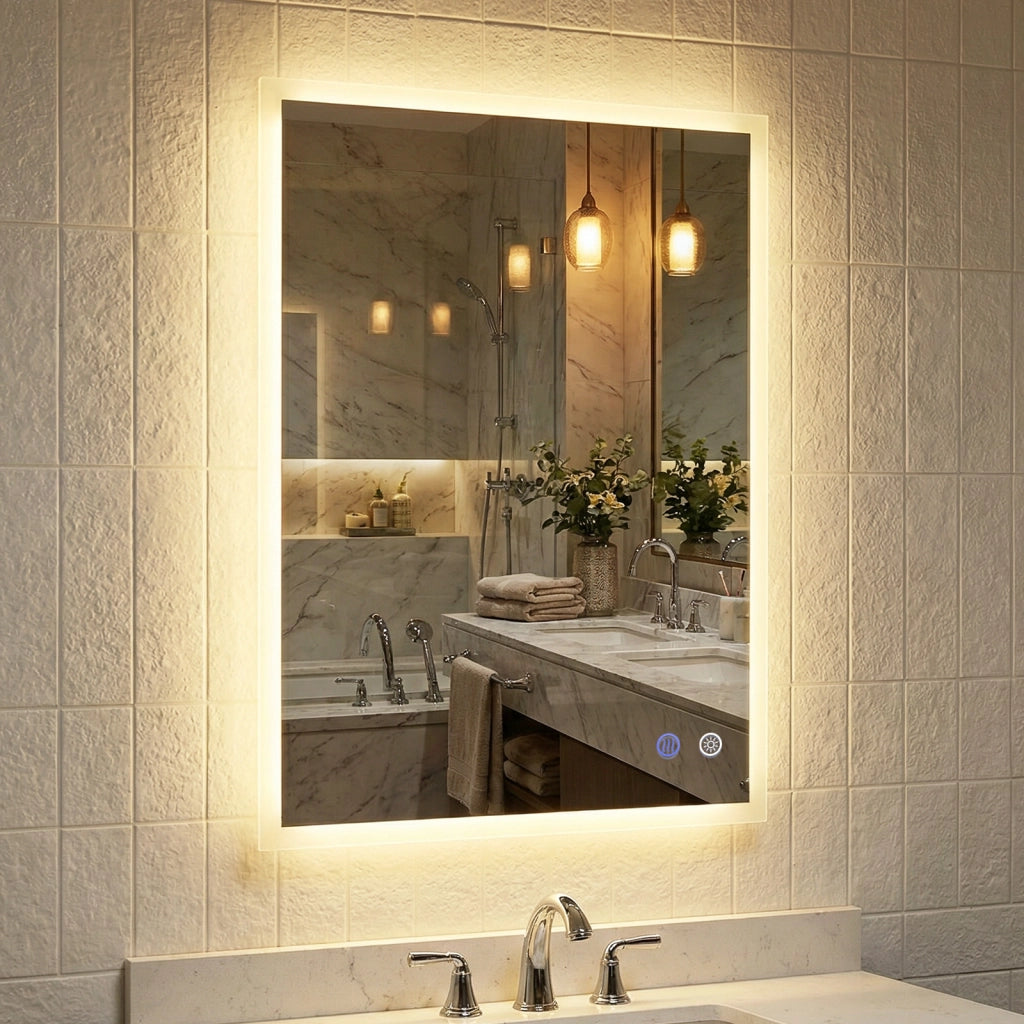 Specchio led bagno parete rettangolare anti-appannamento memoria 3 colori dimmerazione, Specchio vetro temperato infrangibile 80 x 60 x 3 cm