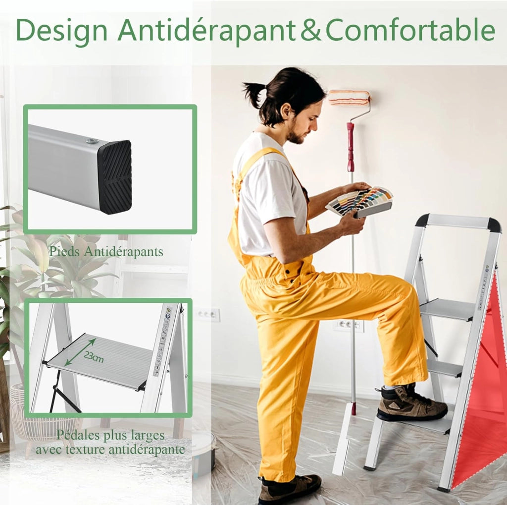 Scala 3 Gradini in Alluminio, Scaletta Pieghevole con Piedini Antiscivolo, Leggera e Portatile, Portata 150 kg, Attacco & Fibbia di Sicurezza, per Casa, Officina, Garage, 44 X 62 X 109 CM