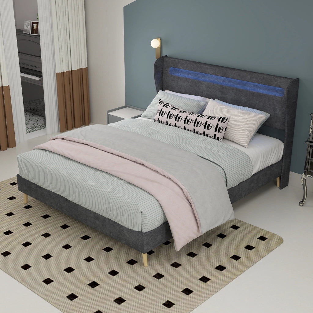 Letto Basso 140x200 cm - LED Regolabile; Schienale Regolabile - in Tessuto e Metallo Grigio