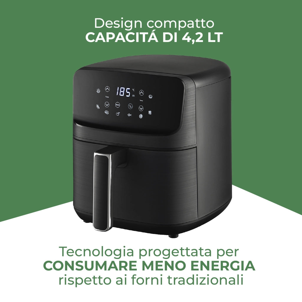 Friggitrice ad Aria 4,2L Digitale con Display LED Touch, 8 Programmi Preimpostati, Temperatura Regolabile, Cestello Antiaderente Estraibile, 1500W, Nero  4.2 Litri - Nero