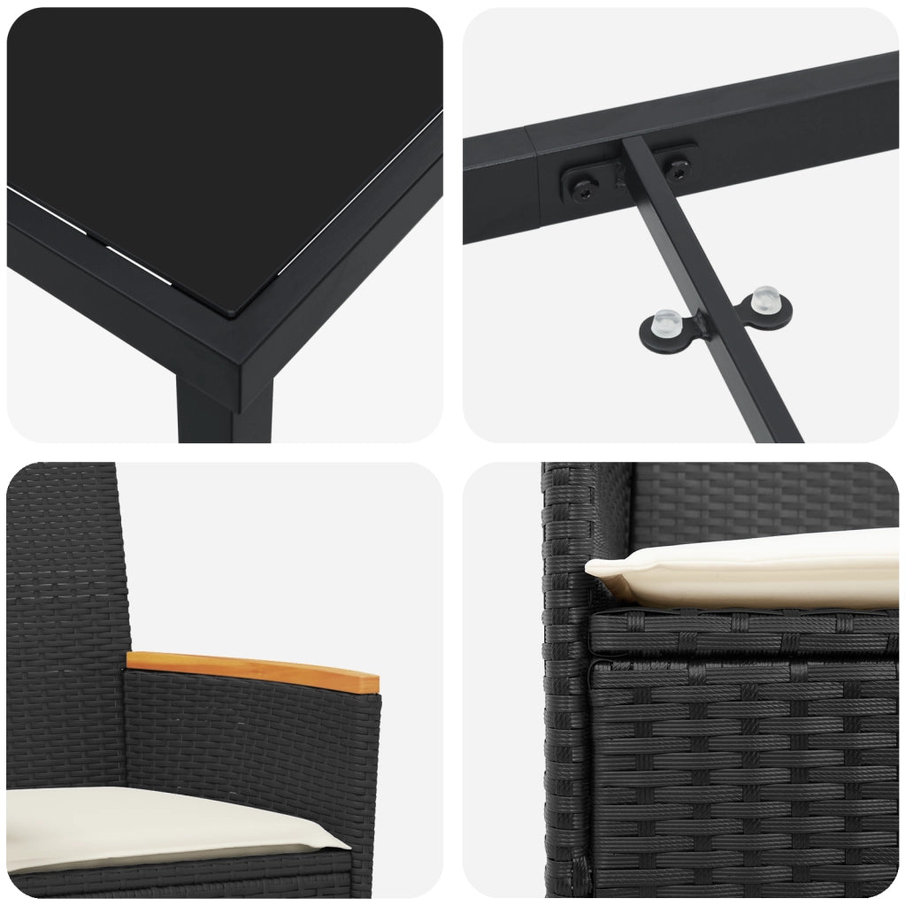 Set da Pranzo da Giardino in 5 Pezzi con Cuscini Nero Rattan Poli
