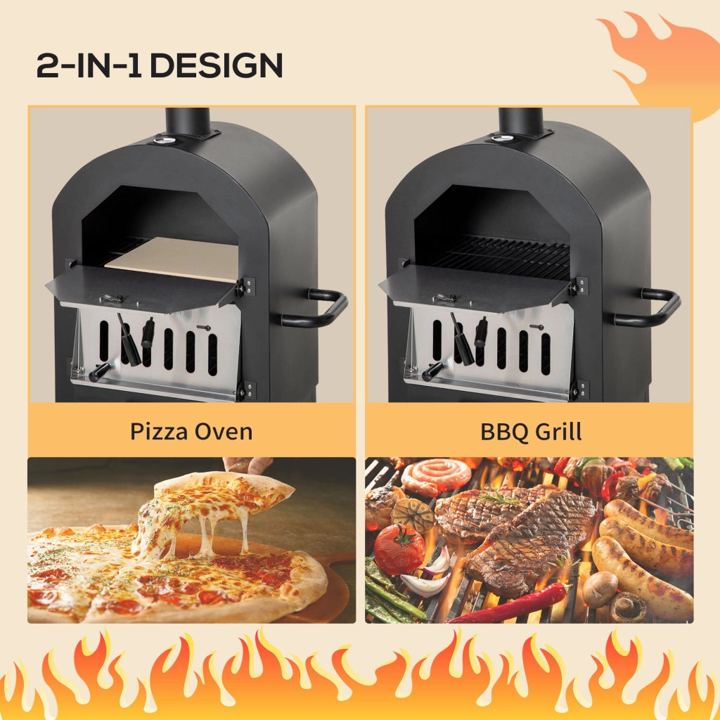 Forno per Pizza e Barbecue a Carbone Portatile  con Camino e Ruote  in Acciaio Nero