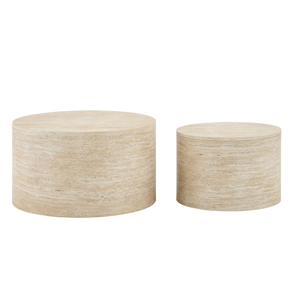 Set di 2 tavolini rotondi impilabili con spazio contenitore, effetto legno, MDF, per salotto