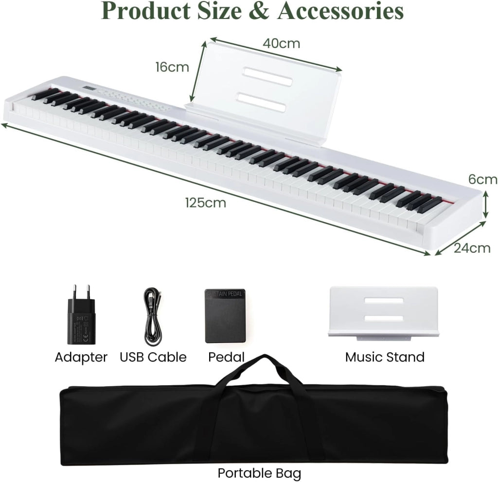 Pianoforte digitale a 88 tasti, tastiera per pianoforte con 380 suoni, 128 ritmi, 88 demo, MIDI, pedale, pianoforte elettrico portatile con supporto per musica, borsa da trasporto (bianco)