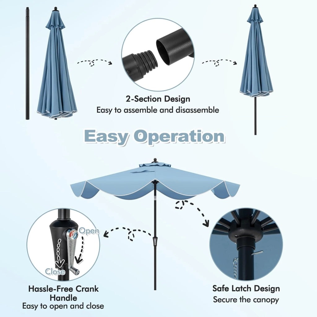 Ombrellone da Giardino 270 cm, Inclinabile a 25°, Parasole da Spiaggia Protezione UV e Anti UV, con Manovella e 8 Stecche, Ideale per Terrazza, Balcone, Piscina