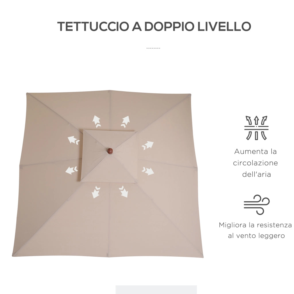 Ombrellone da Giardino 3x3m con 8 Stecche in Bamboo e Copertura Parasole a 2 Livelli, Crema
