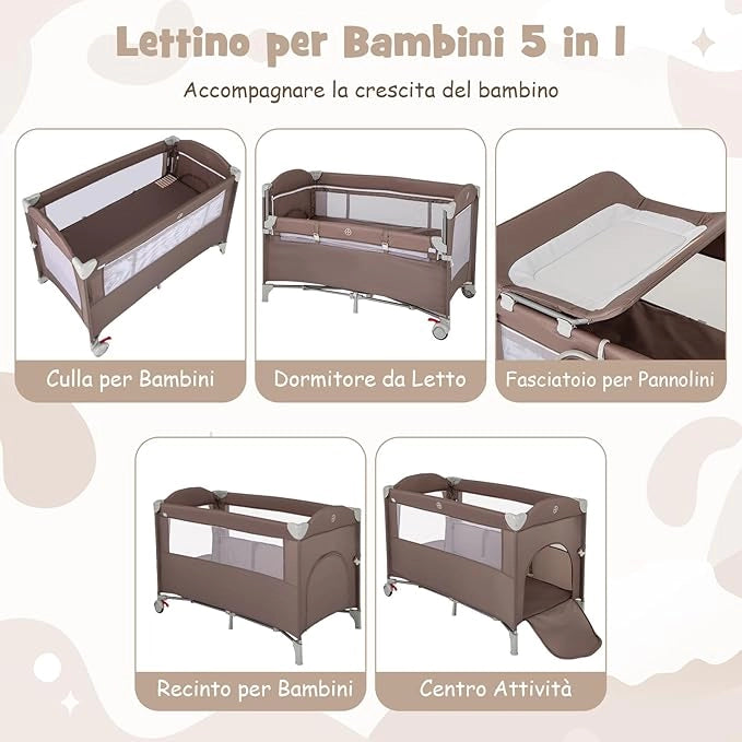 4 in 1 Lettino per Bambini con Materasso, Lettino Culla da Viaggio per Neonati, Culla Neonato con Fasciatoio, Box Portatile Pieghevole, con Ruote e Borsa, 125 x 65 x 119 cm (Caffè)