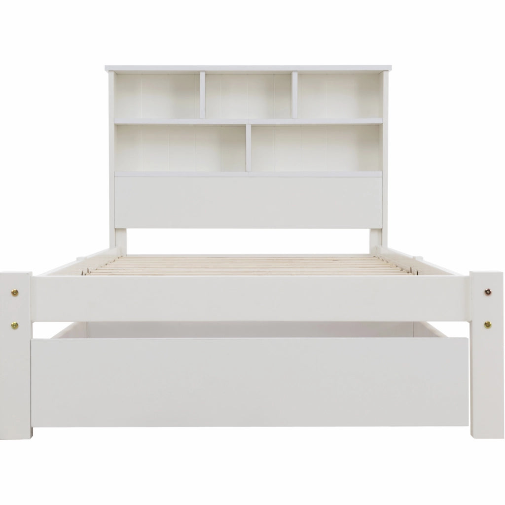 Letto singolo 90x200 cm con testiera a libreria e cassetti; legno; bianco (Senza materasso)