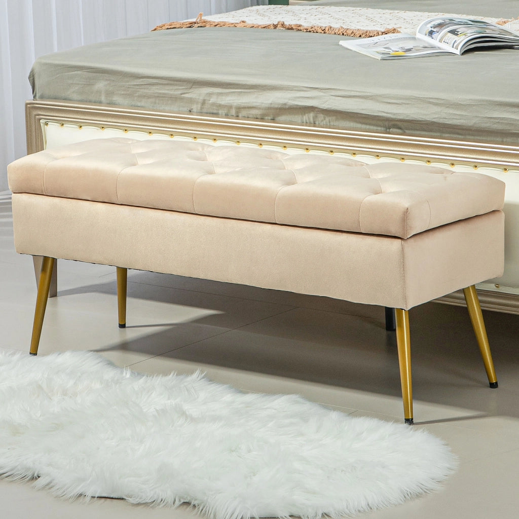 Panca contenitore imbottita effetto velluto ¨C Xylo ¨C Design trapuntato beige 102x35x43cm