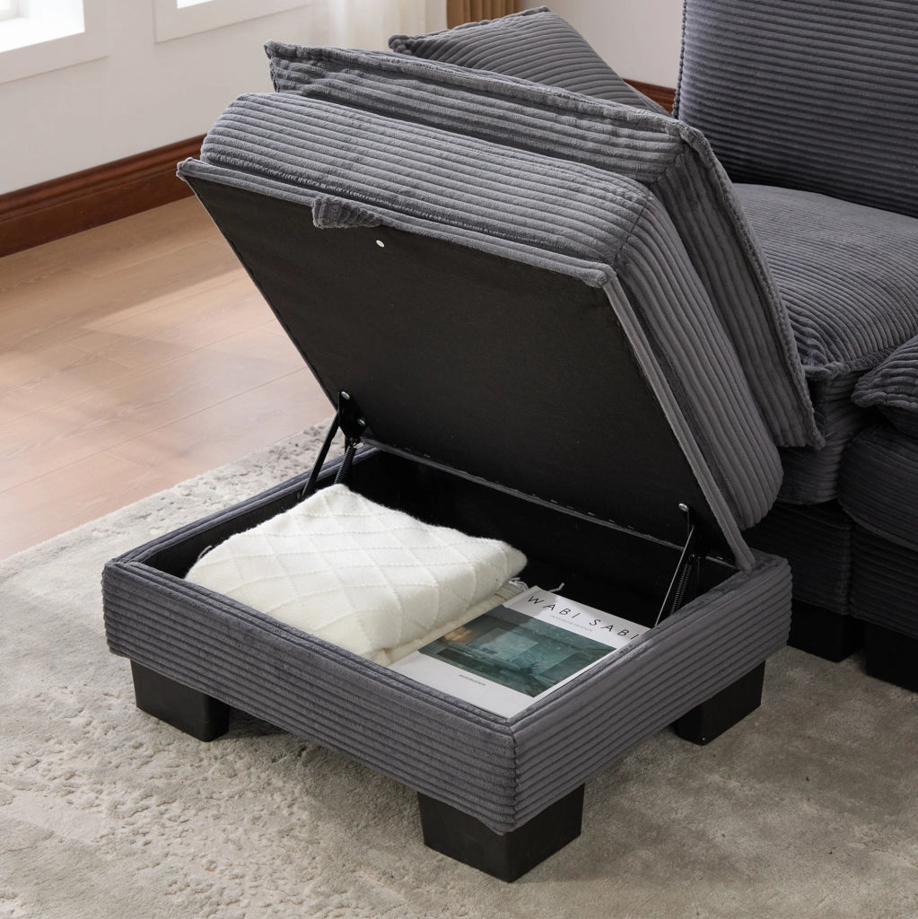 Divano modulare 4 posti ULEVR 330x132x84 cm con 2 pouf, USB-C e tasche laterali, velluto a coste grigio scuro