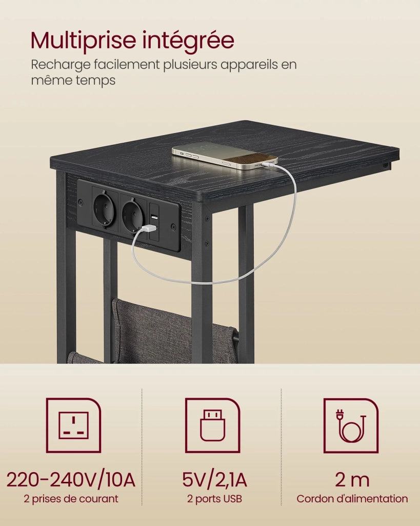Tavolino laterale/comodino con multipresa/tavolino a forma di C per piccoli spazi 2 porte USB e prese piedini regolabili per camera da letto/soggiorno finitura in legno nero 12_0007571