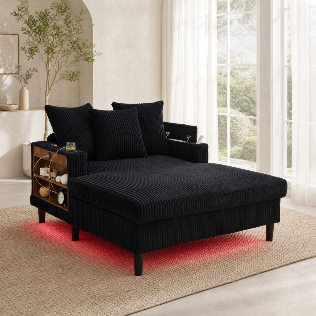CHAISE LONGUE 129x170x70 cm in corduroy nero con LED e USB